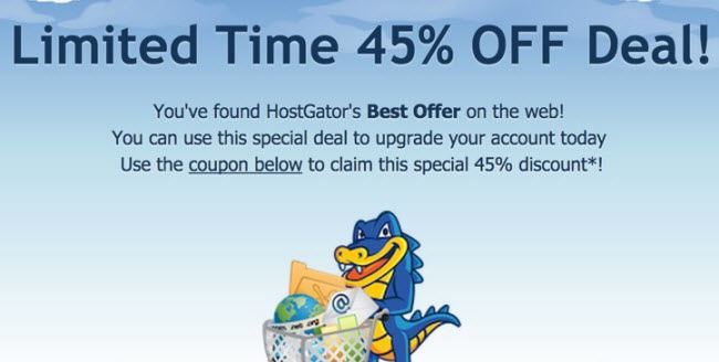 HostGator coupon for save 45% on all hosting plans