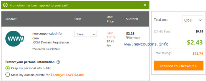 $2.25 .Com GoDaddy existing customers coupon