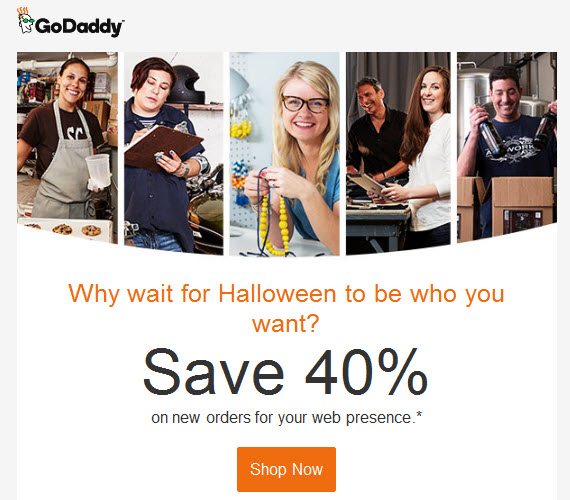 GoDaddy Save 40% for Halloween 2016