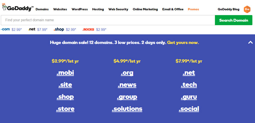 GoDaddy Huge Domain Sale, 12 Domains, 3 Low Pries.