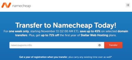 NameCheap Domain Transfer Week - Save up to 45% plus 71% Off Hosting