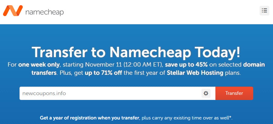 NameCheap Transfer Week! Get 45% Off On Domain Transfers