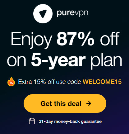 87% की छूट के लिए PureVPN 5-वर्षीय योजना प्राप्त करें